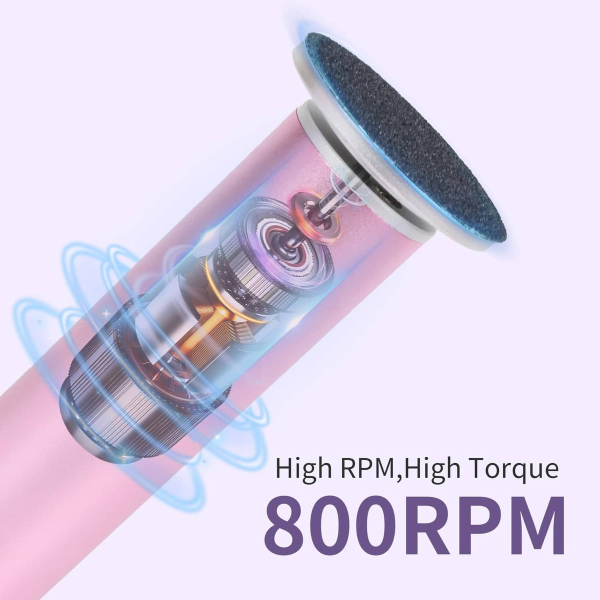 Electric foot callus remover with spinning black sanding disc on purple-pink body