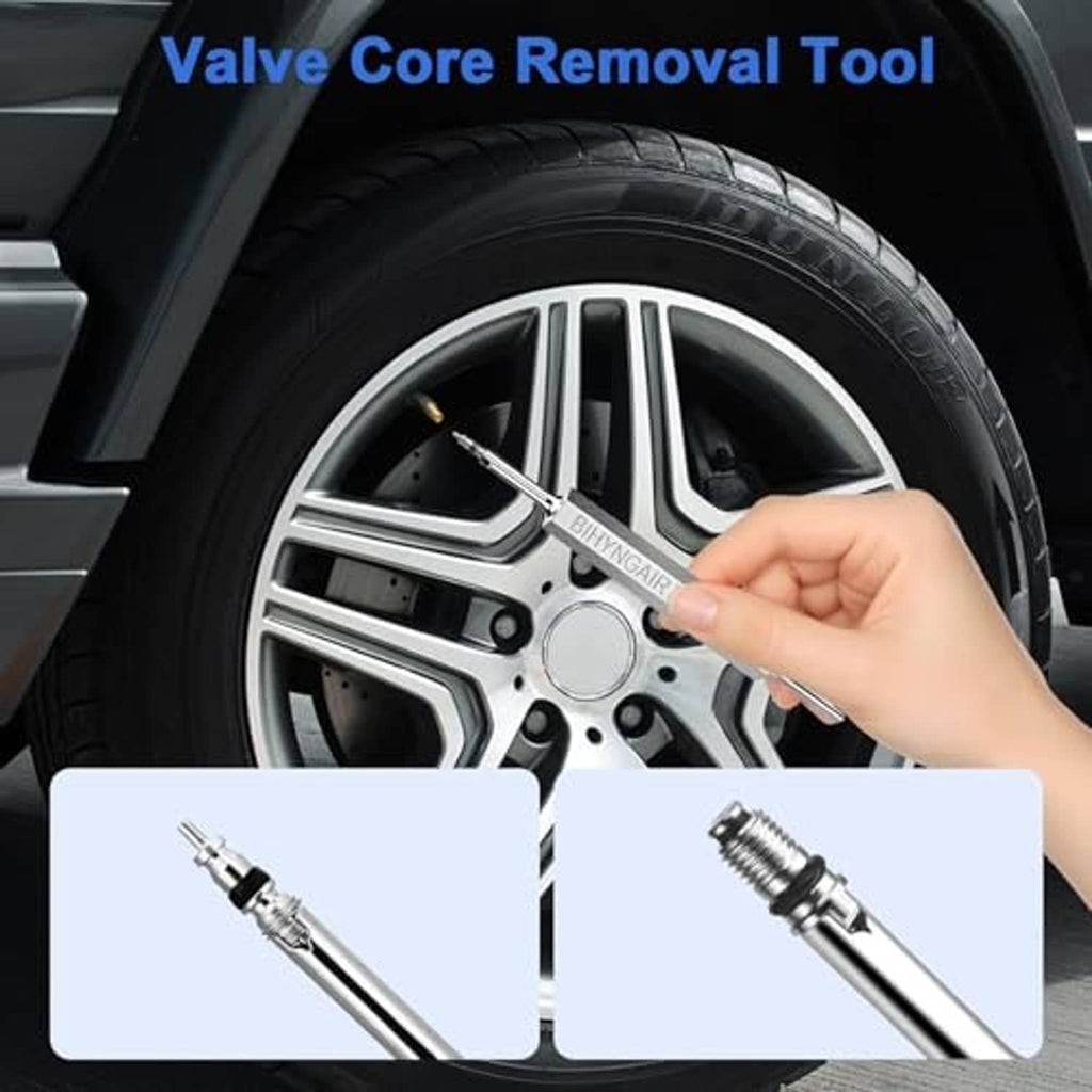 Valve core removal tool used on a car wheel, with close-up views of the tool tip