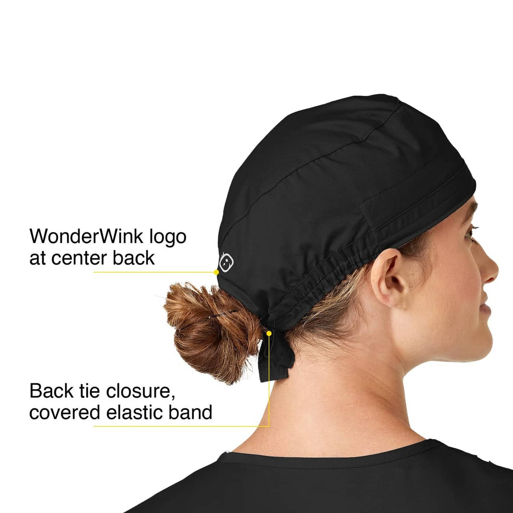 Black WonderWink scrub cap with back tie closure and elastic band, rear view