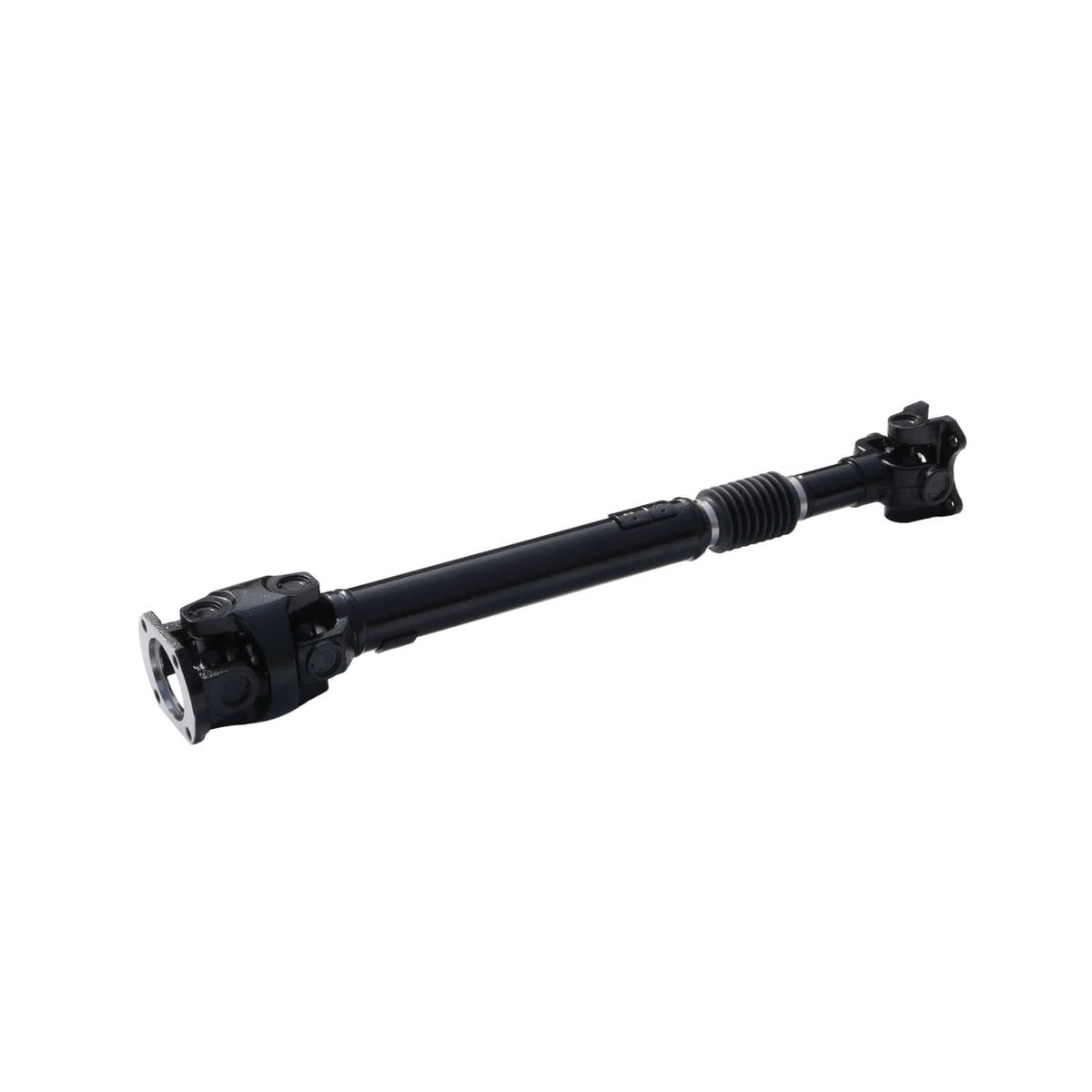 Front drive shaft assembly side view with yokes and black metal tube