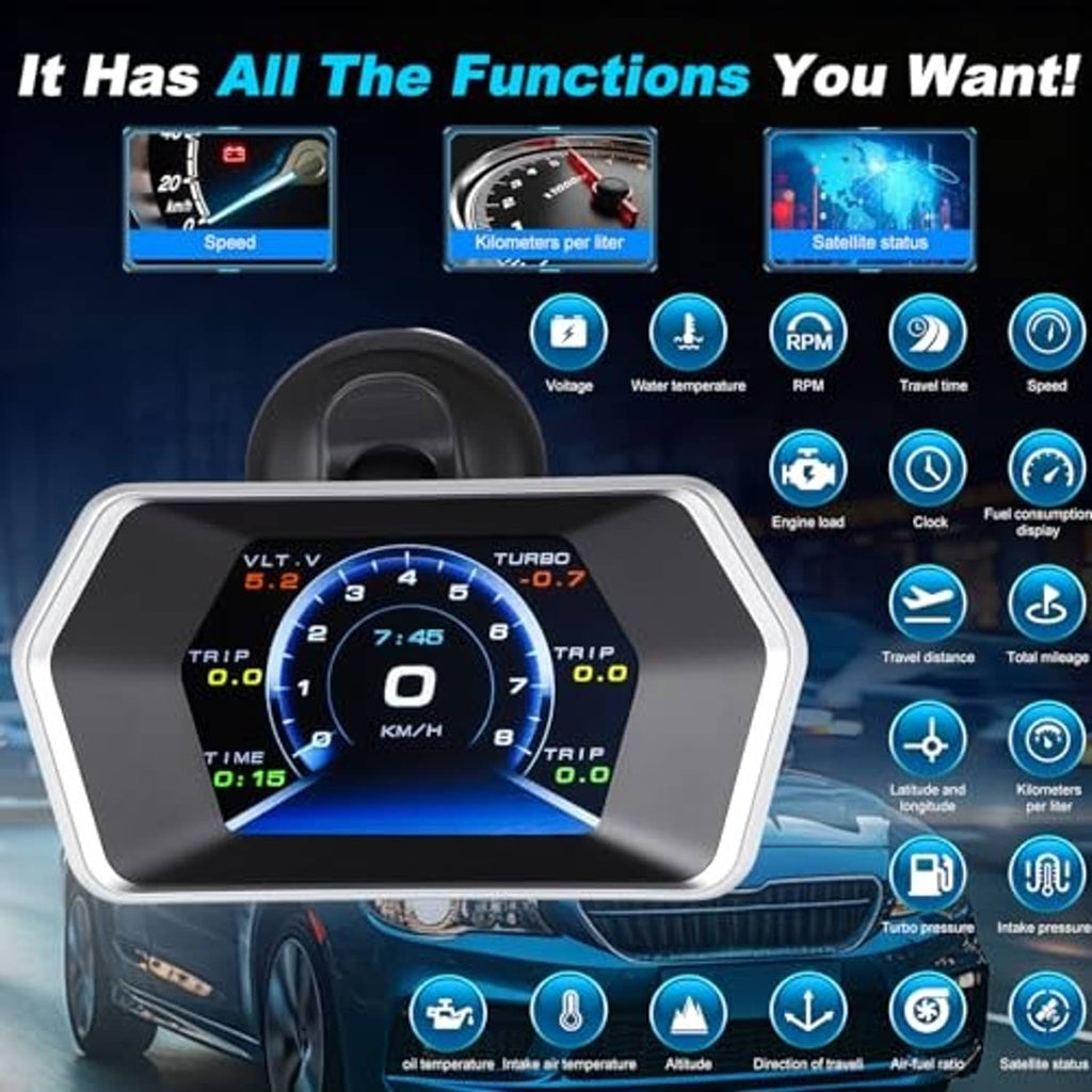 Dashboard car HUD display showing blue digital speed and trip dials