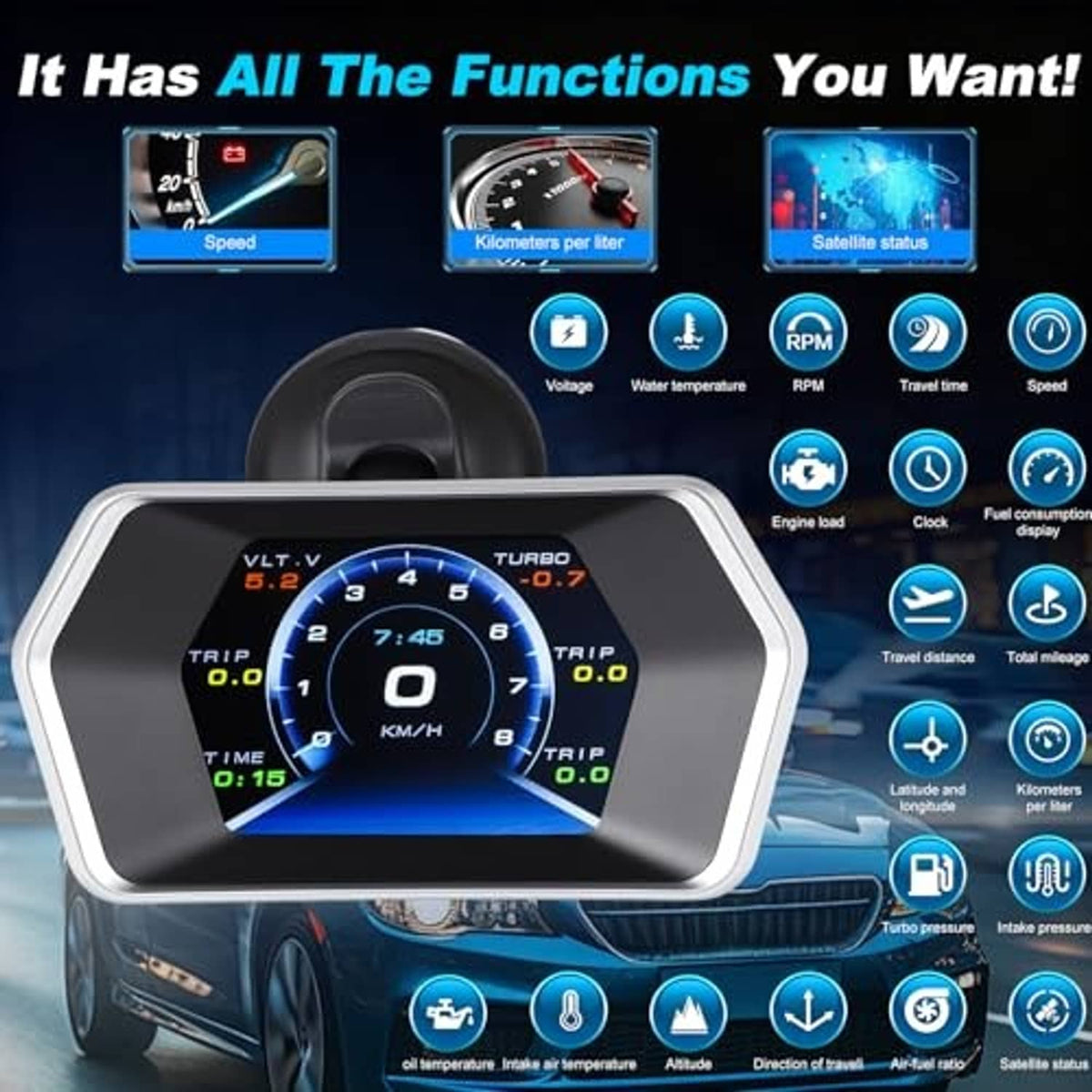 Dashboard car HUD display showing blue digital speed and trip dials