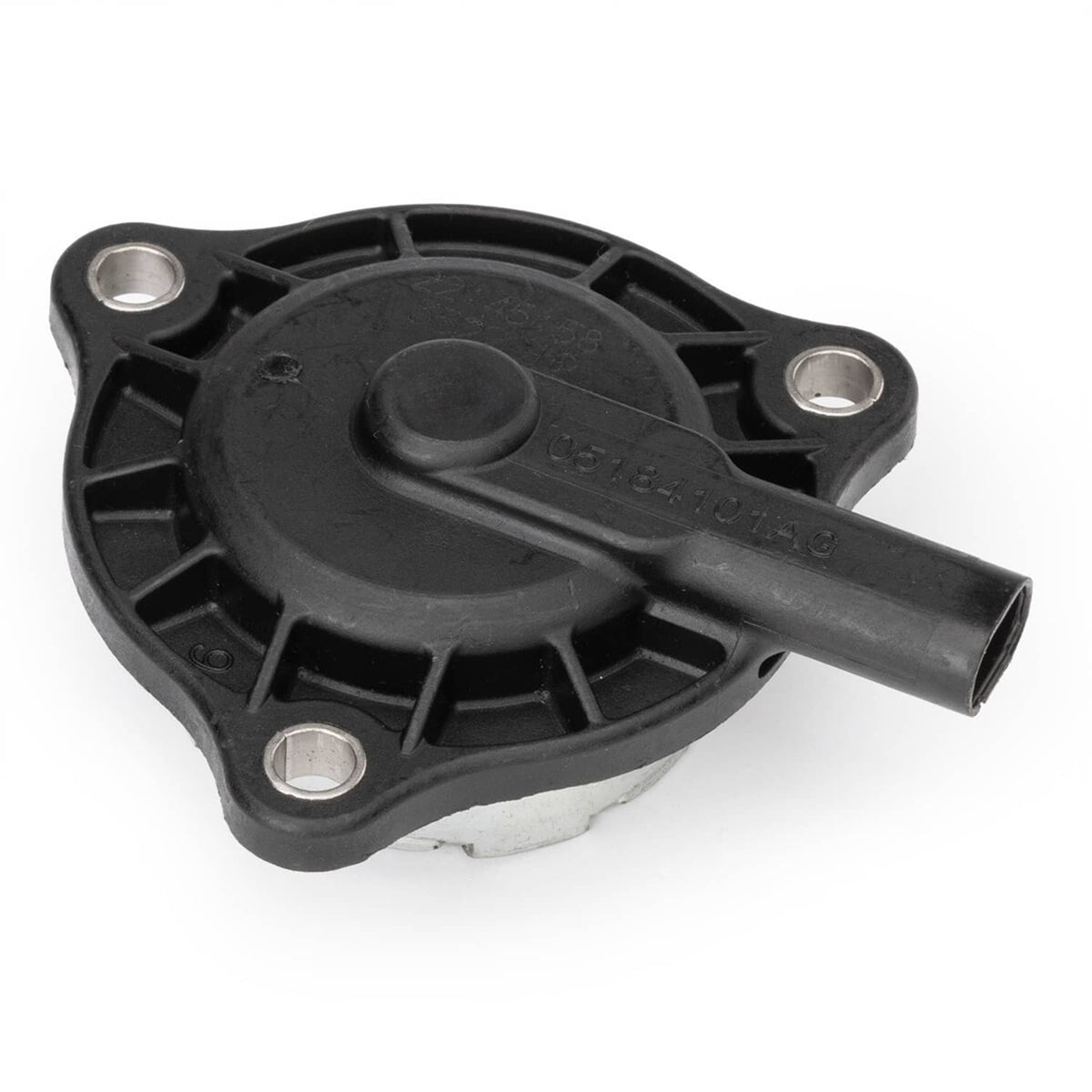 VVT solenoid valve, black plastic body with hose outlet and mounting tabs