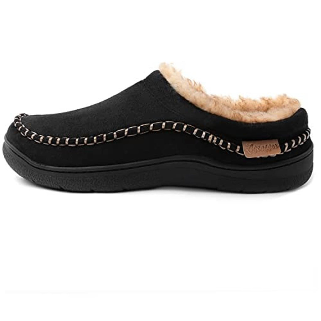 Black fuzzy slip-on moccasin slipper with plush collar and chain-stitched edge