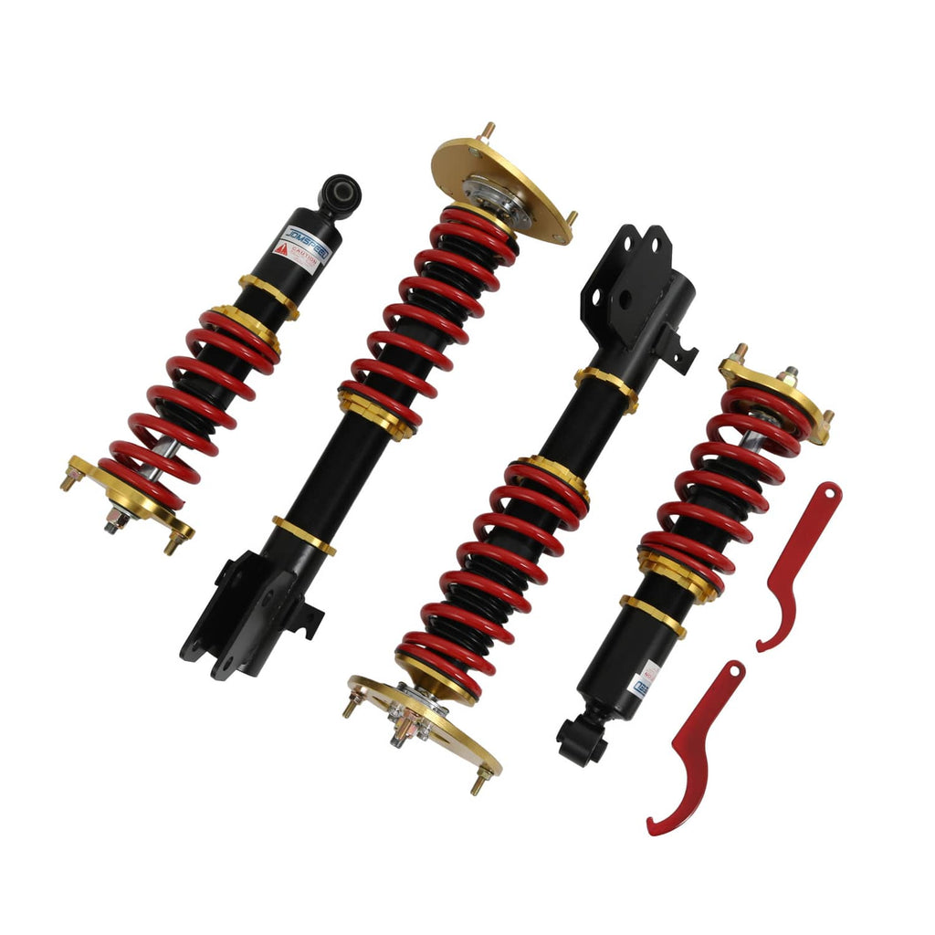 Coilover struts showing red springs and black shocks with gold top hats, plus red brackets