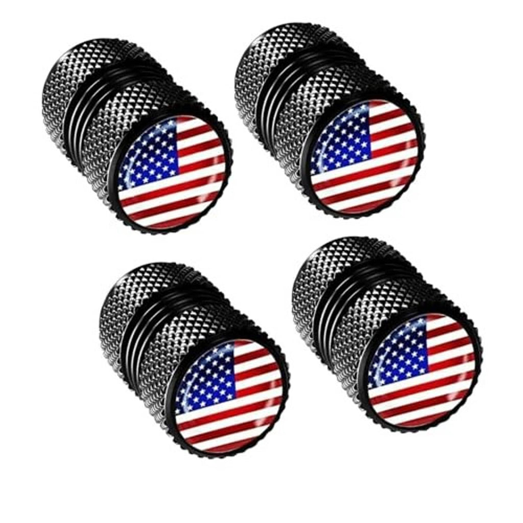 Four black knurled valve stem caps with round US flag decals