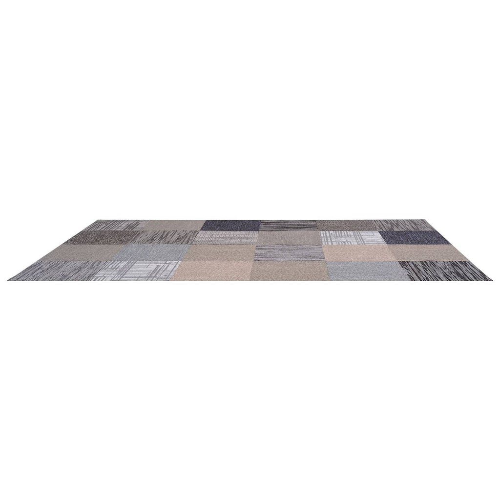 Assembled multicolor carpet tile rug, square tiles with stripe and grid textures