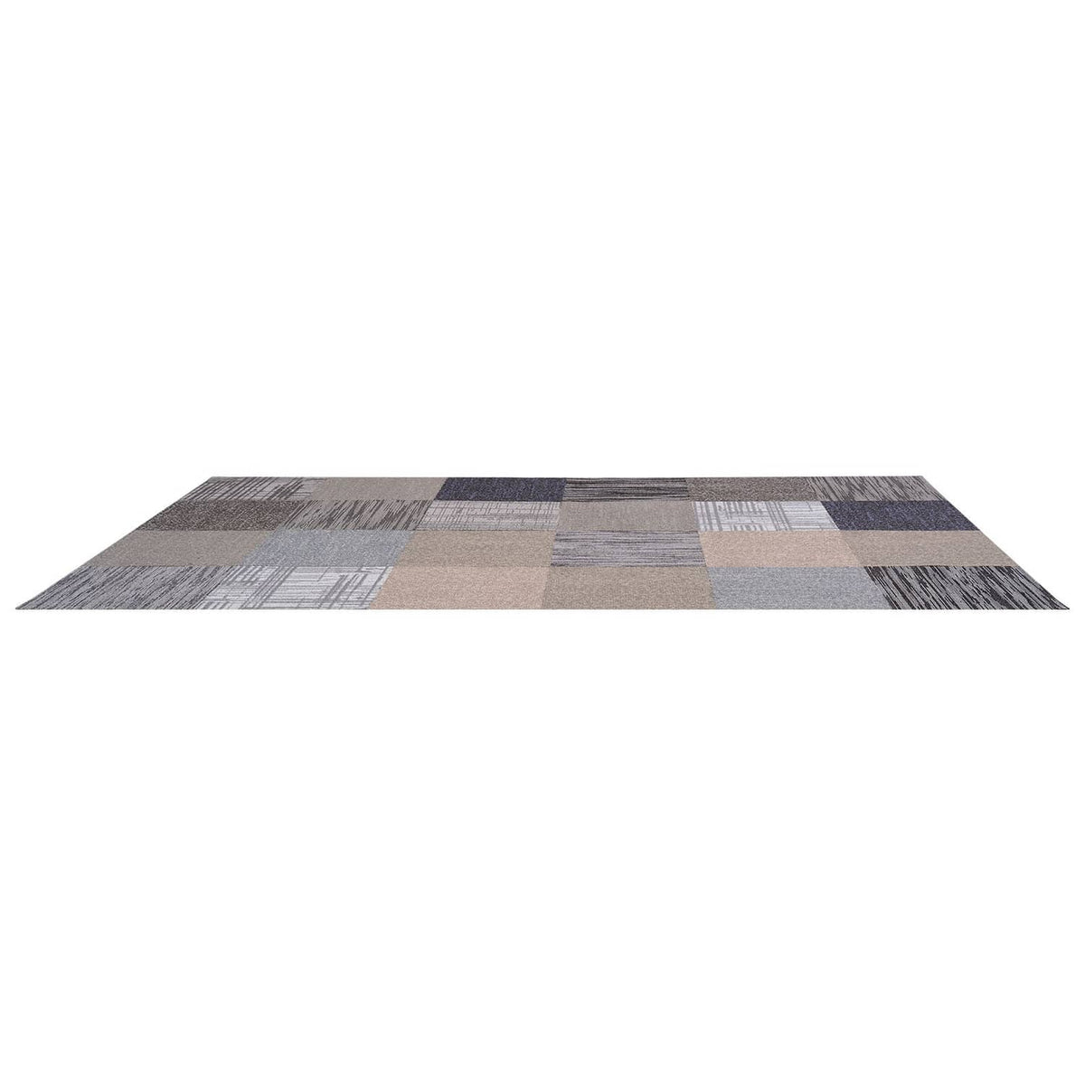 Assembled multicolor carpet tile rug, square tiles with stripe and grid textures