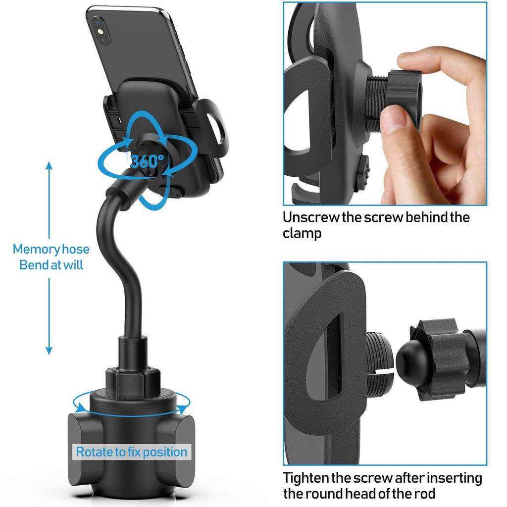 Black phone mount with long gooseneck and screw clamp for cup holder installation