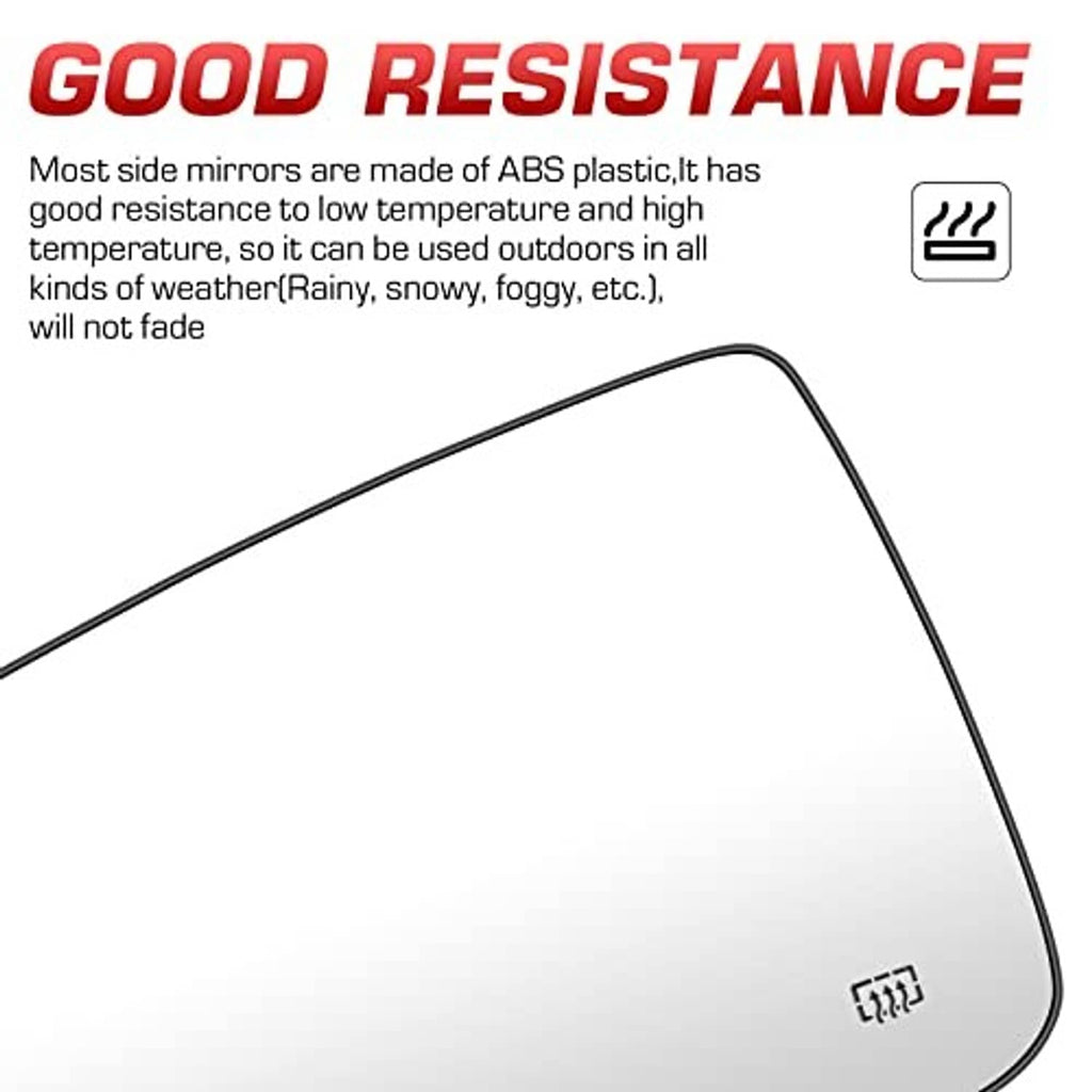 Heated side mirror glass corner view with defrost symbol and smooth clear lens.