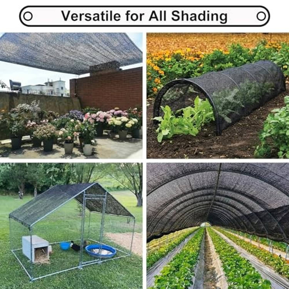 Dark gray shade cloth mesh used for garden coverings over plants, beds, and frames