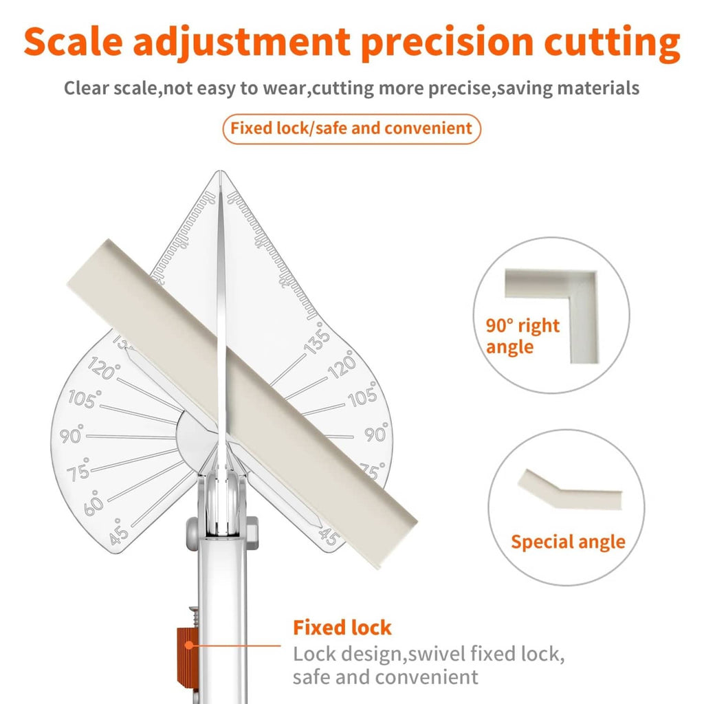 Adjustable miter shears with angle scale and fixed-lock cutter head, silver blade.