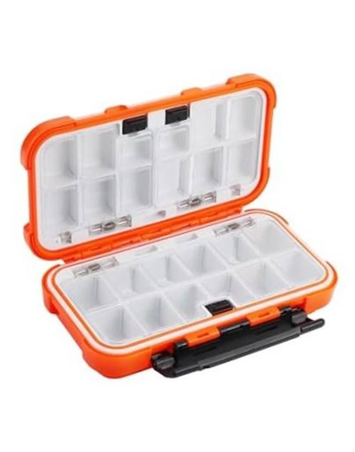 Orange mini waterproof tackle box, open with clear divided storage tray and hinged lid