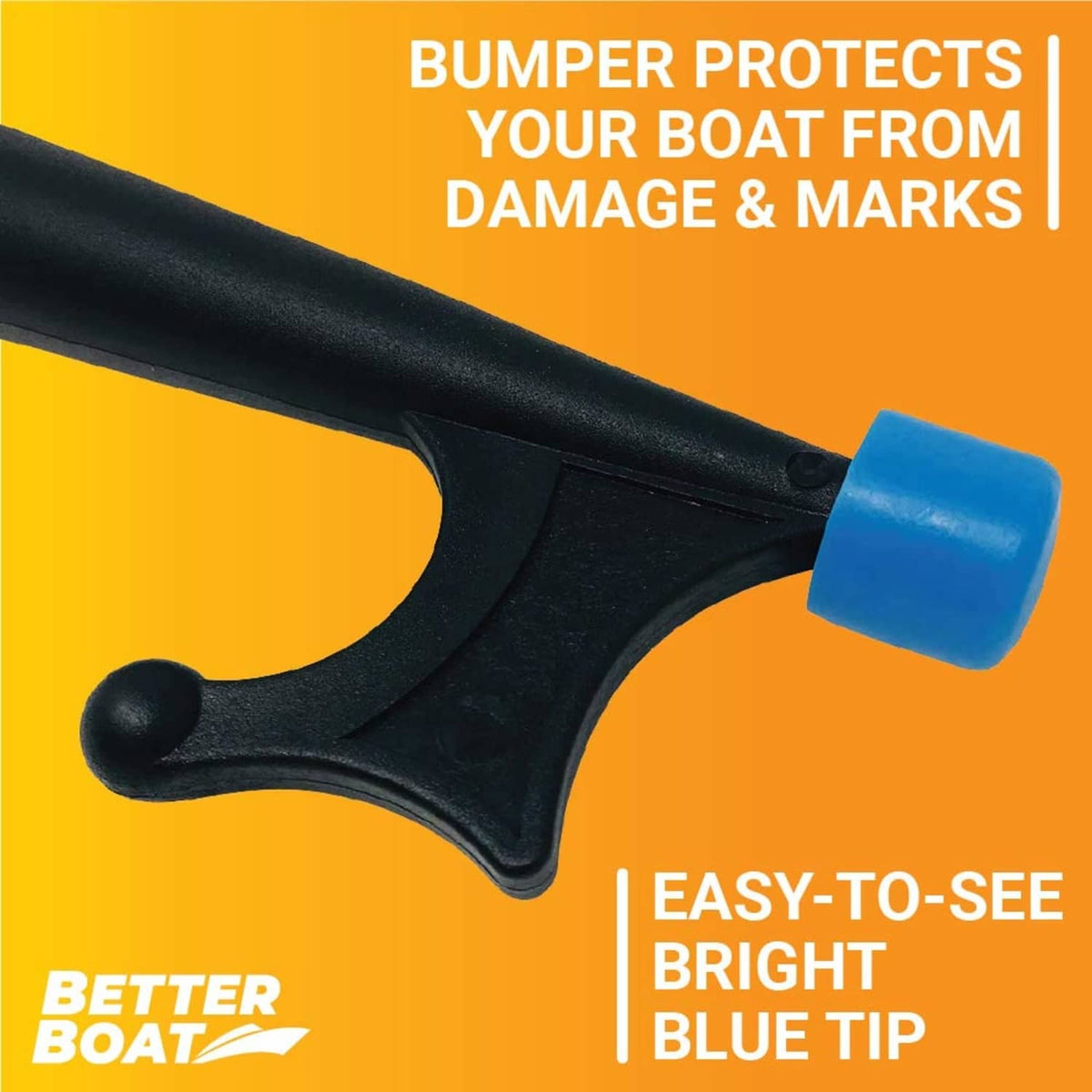 Boat docking hook with thick black handle and bright blue bumper tip