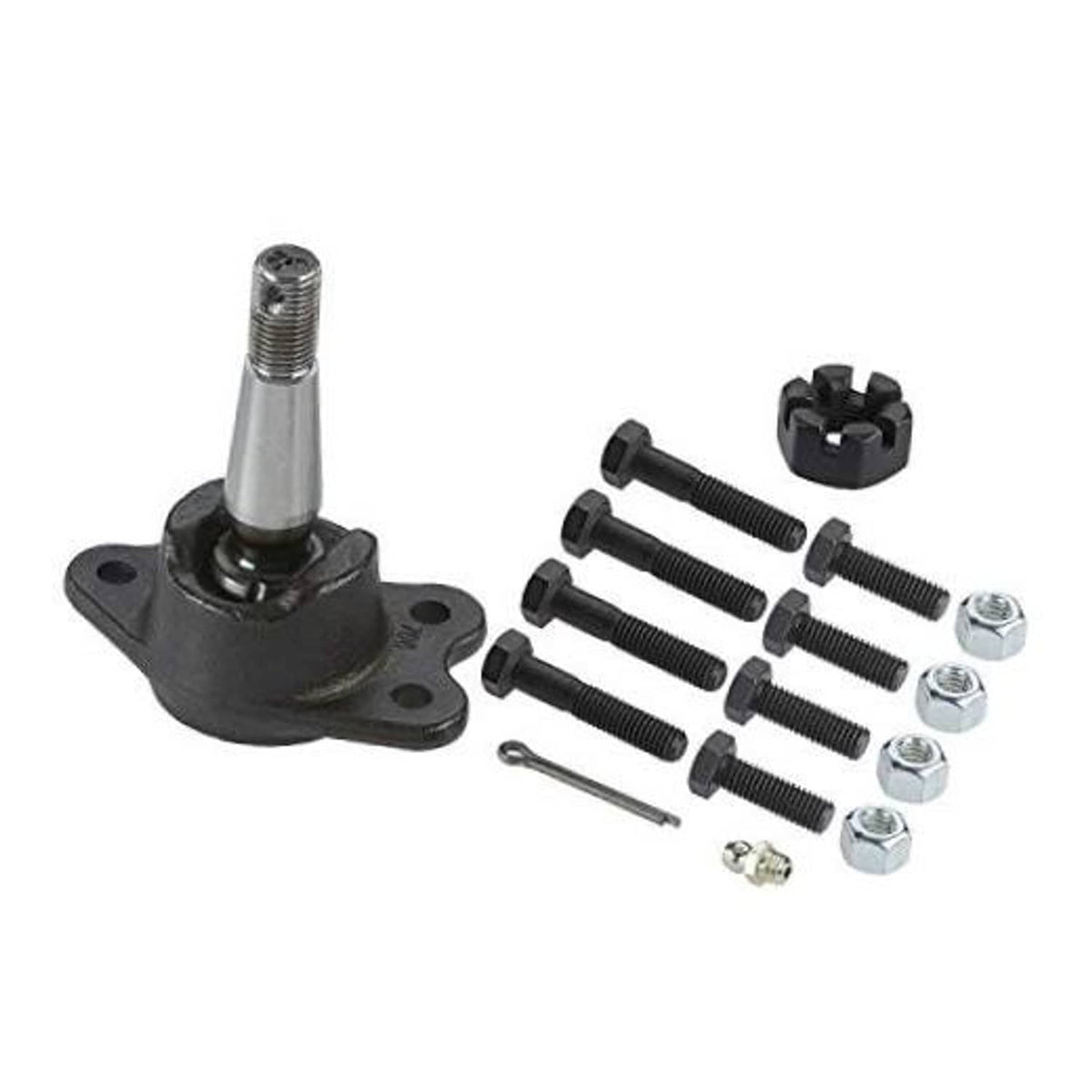 Front upper suspension ball joint with mounting flange, threaded stud, and hardware set