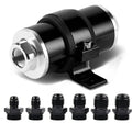 Inline fuel filter with black canister, silver end plates, mounting bracket, AN fittings