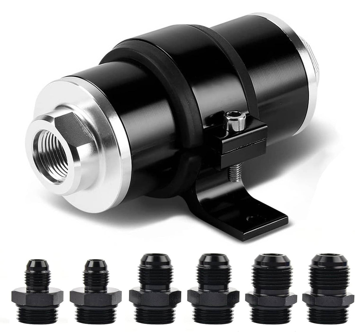 Inline fuel filter with black canister, silver end plates, mounting bracket, AN fittings