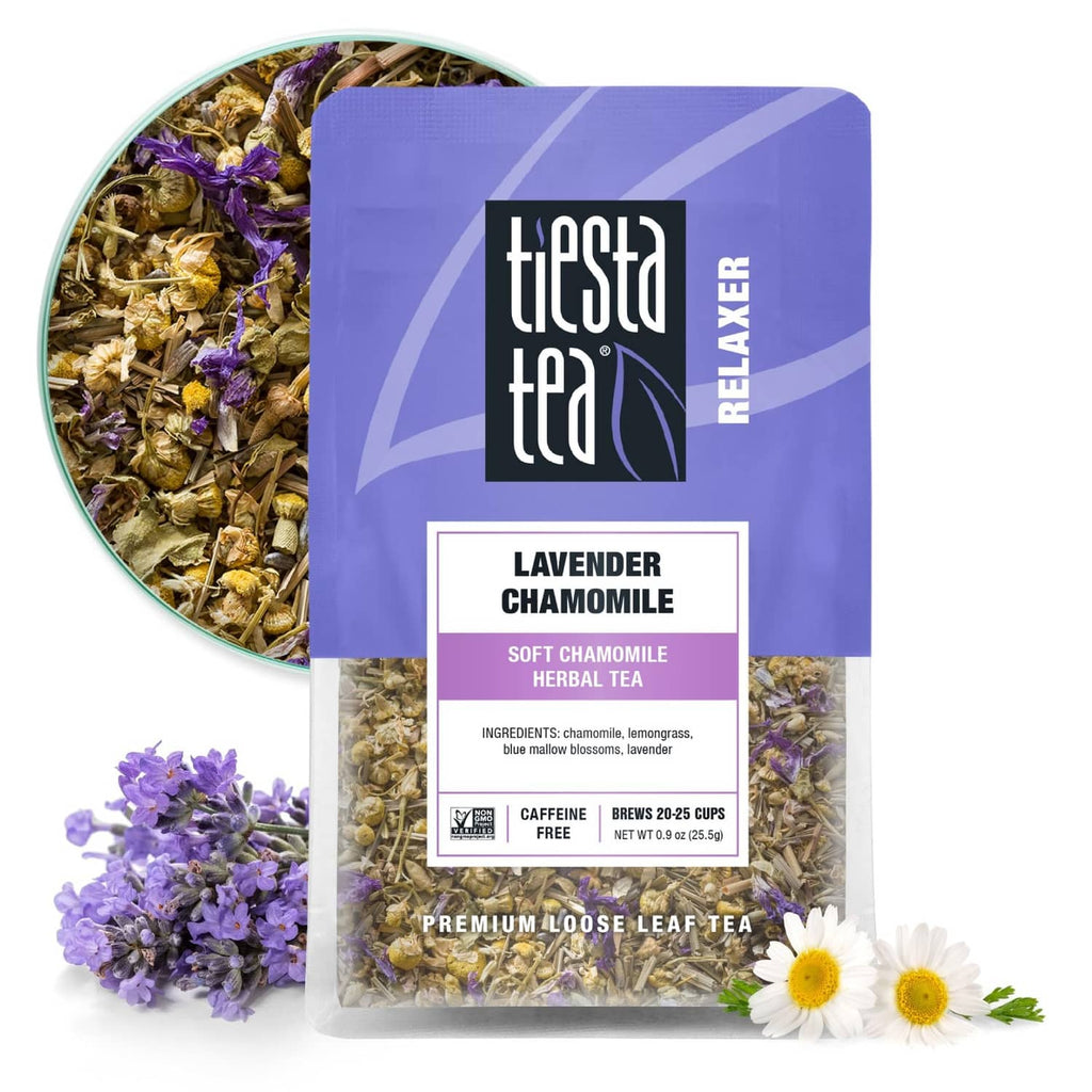 Tiesta tea Relaxer lavender chamomile loose leaf herbal tea pouch with visible herb blend