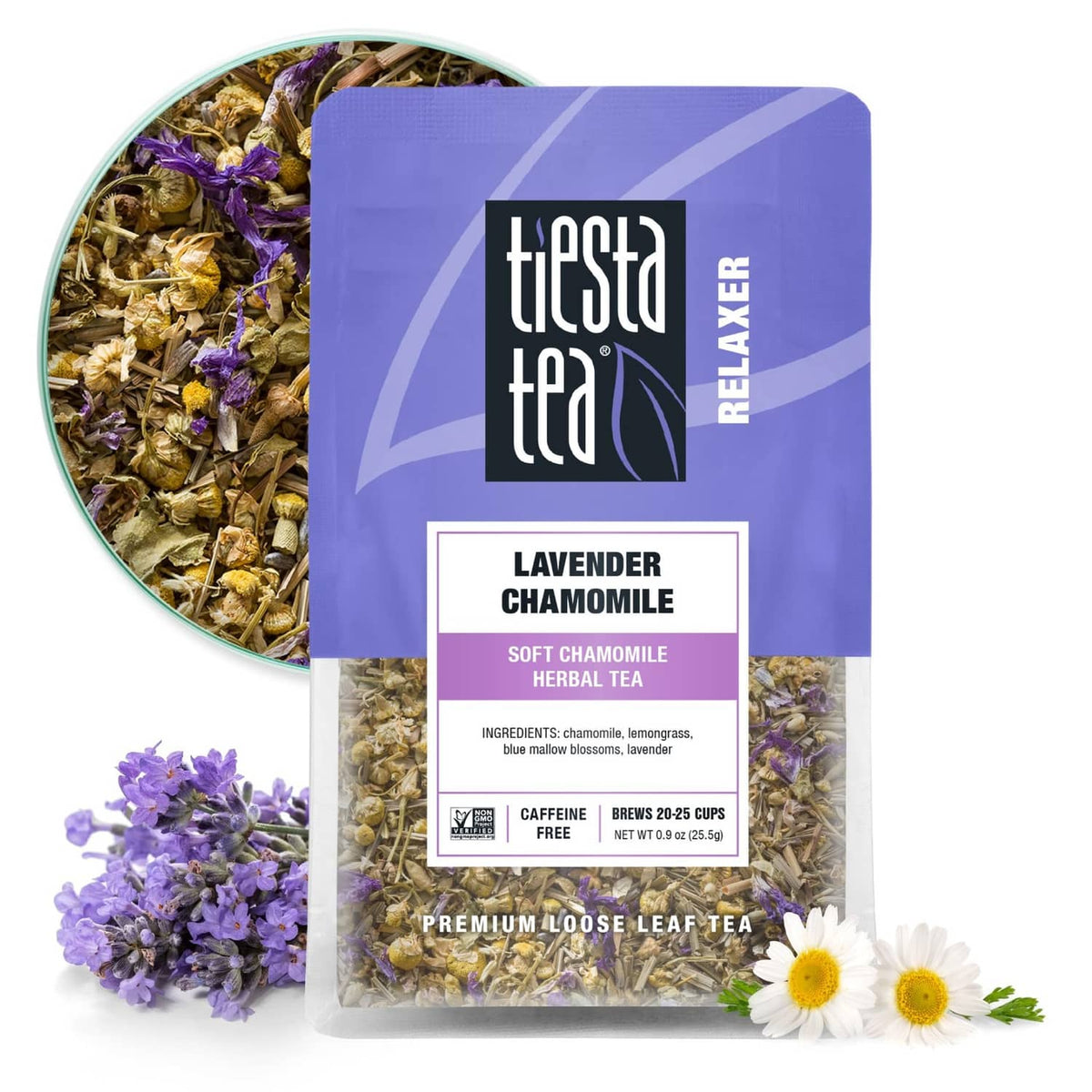Tiesta tea Relaxer lavender chamomile loose leaf herbal tea pouch with visible herb blend