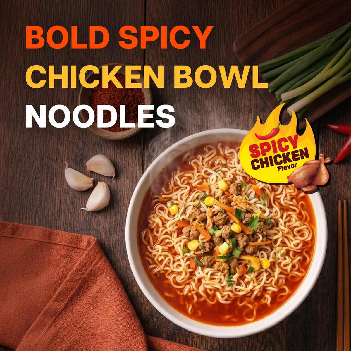 Bowl of spicy chicken ramen noodles with vegetables and meat