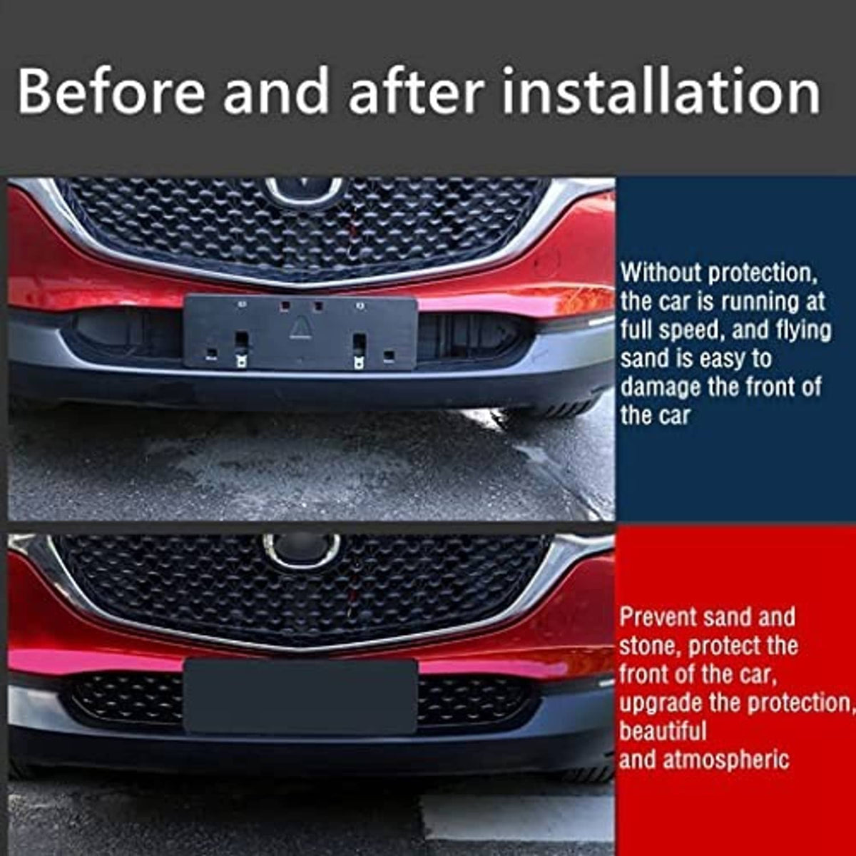 Front grille insert before and after, black honeycomb mesh on front bumper