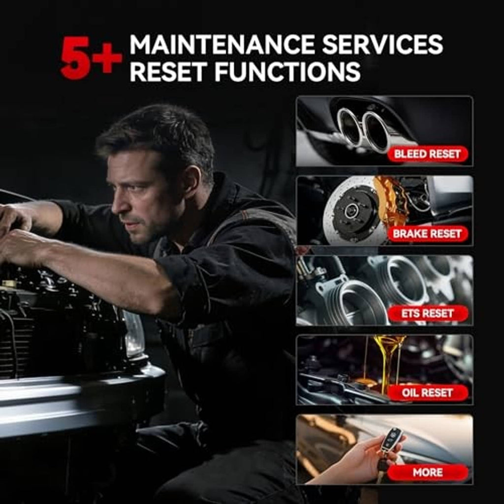 OBD2 scanner used for vehicle maintenance reset functions, with mechanic and engine bay