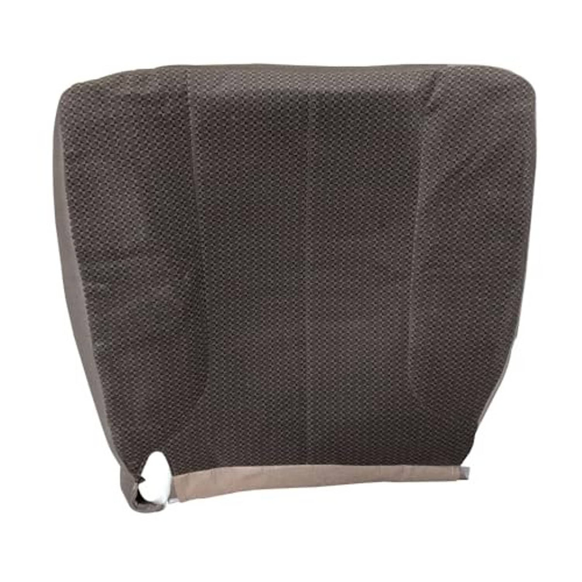 Rear view of front driver seat cover in textured dark cloth with tan base