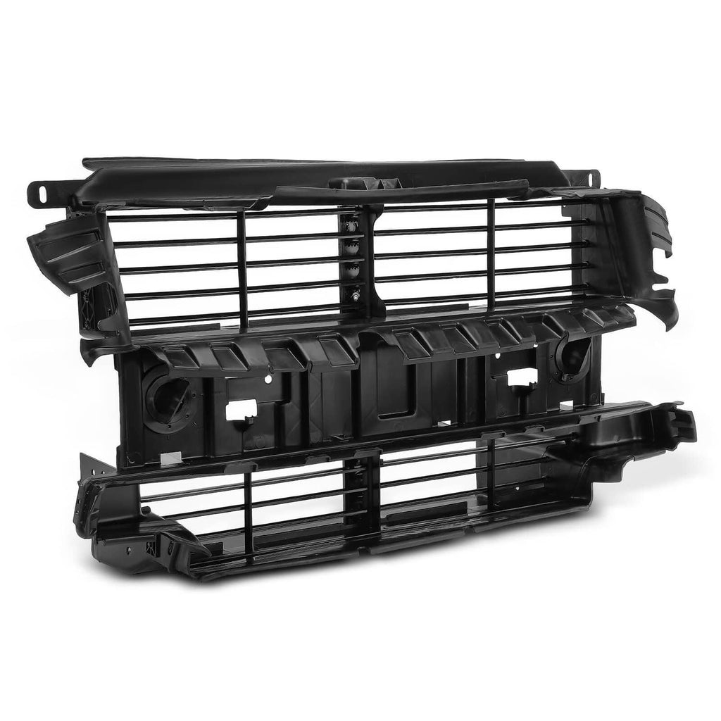 Active grille shutter with motor, black plastic frame and horizontal grille slats