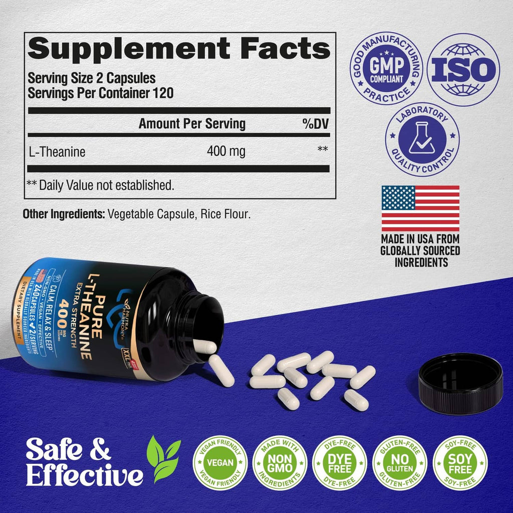 L-theanine supplement bottle with “Supplement Facts” panel and loose white capsules