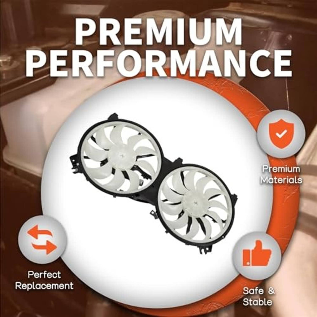 Two radiator cooling fans with black frames and white blades in orange callout graphic