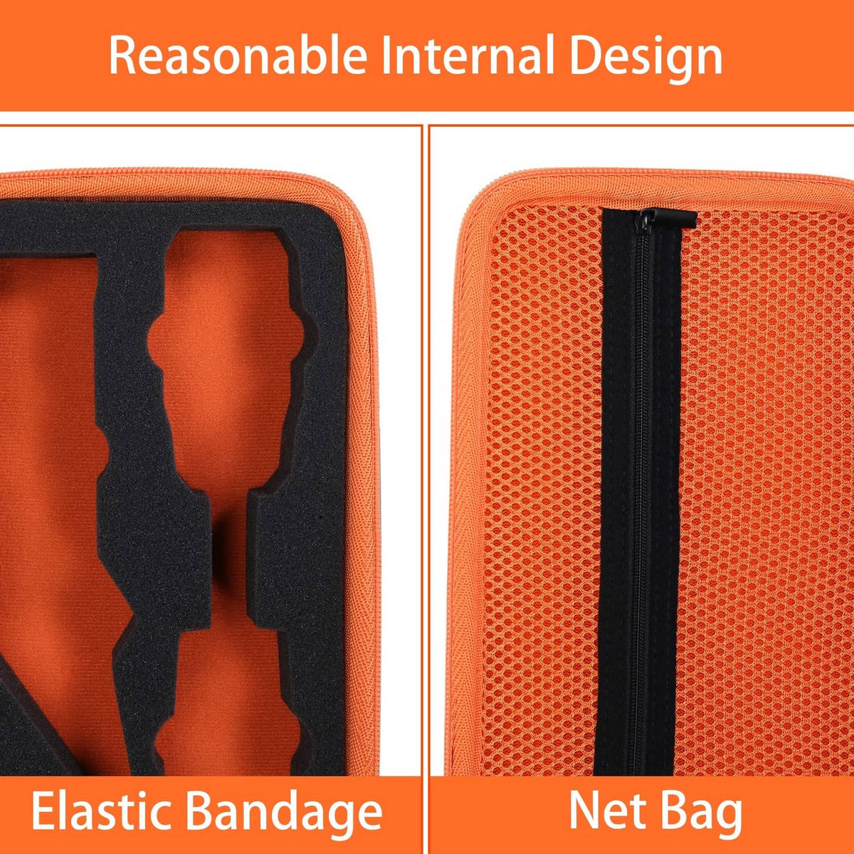 Orange mesh tool case with black elastic band and net pouch interior