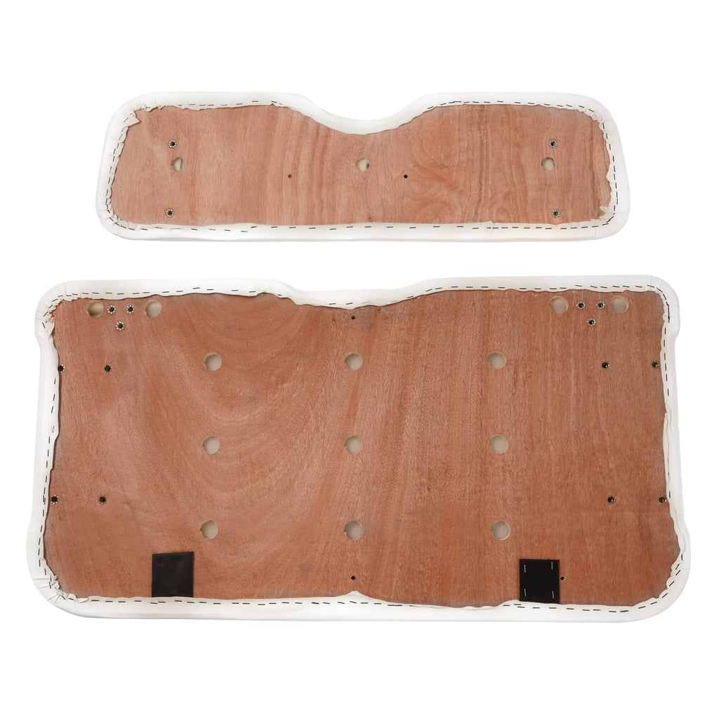 White vinyl golf cart seat cushions with tan backing and buttonholes
