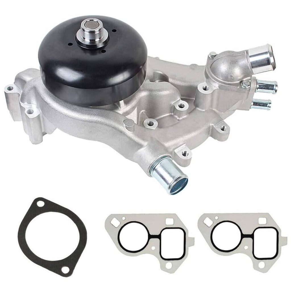 Water pump with thermostat and flange, silver metal with black cap, plus gasket set