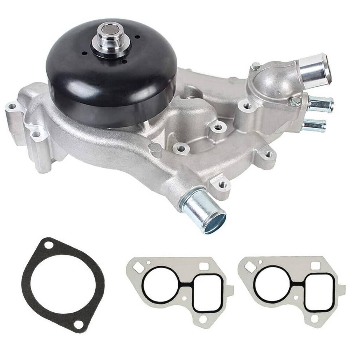 Water pump with thermostat and flange, silver metal with black cap, plus gasket set