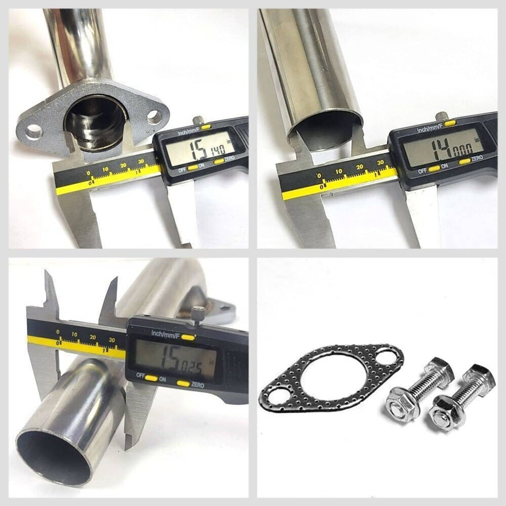 Stainless-steel dump tube with flange measured for inlet diameter with calipers
