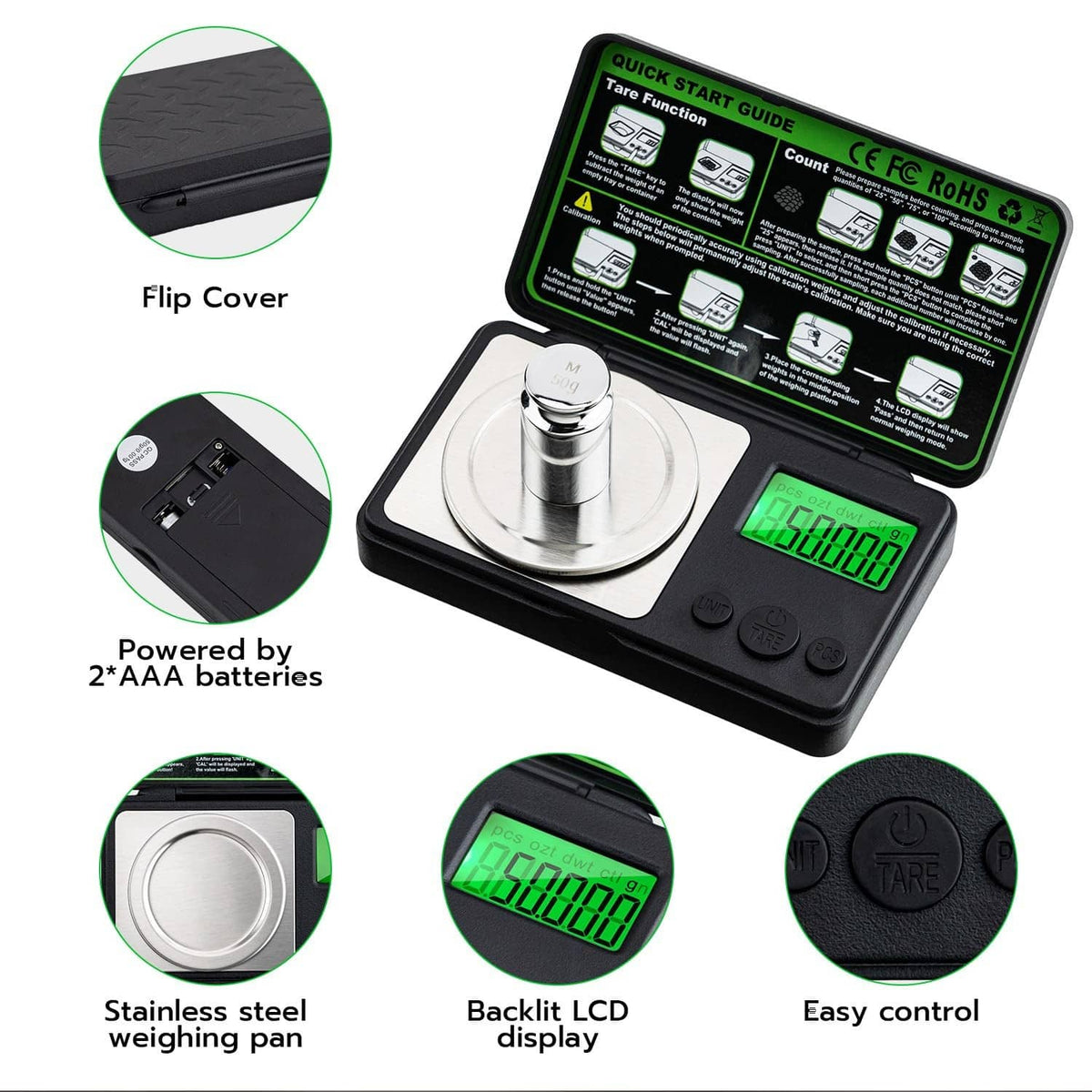 Compact mini digital scale with flip cover, green backlit LCD display, and control buttons