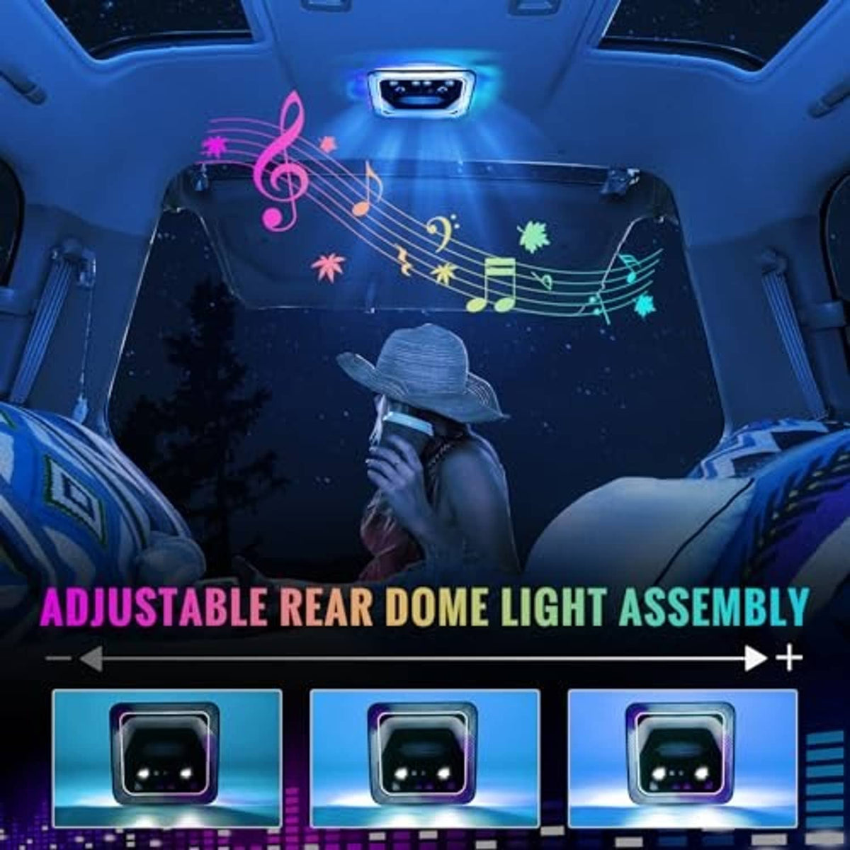 Adjustable LED rear dome light assembly glowing blue in vehicle ceiling