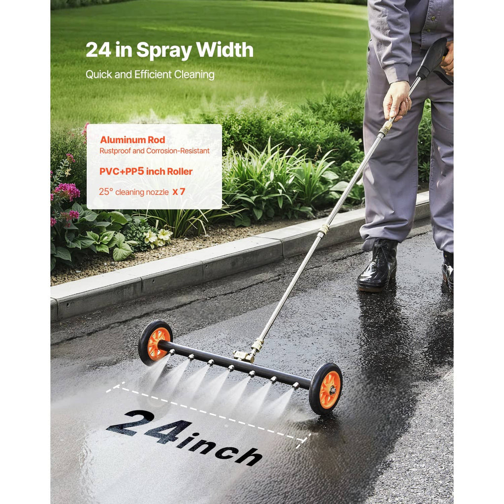 24-inch undercarriage cleaner attachment with orange wheels and extended wand for pressure washing