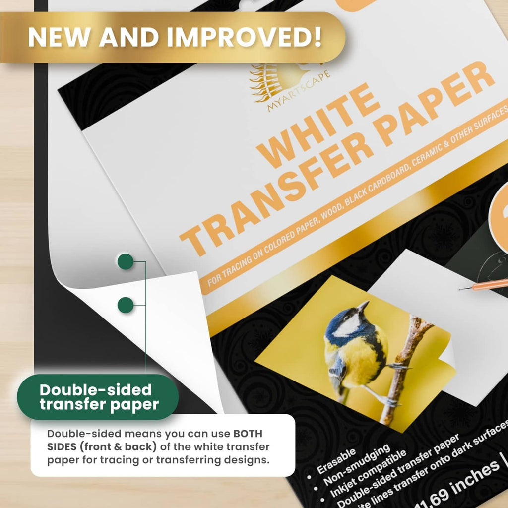 White double-sided transfer paper sheet with tracing on colored or dark surfaces