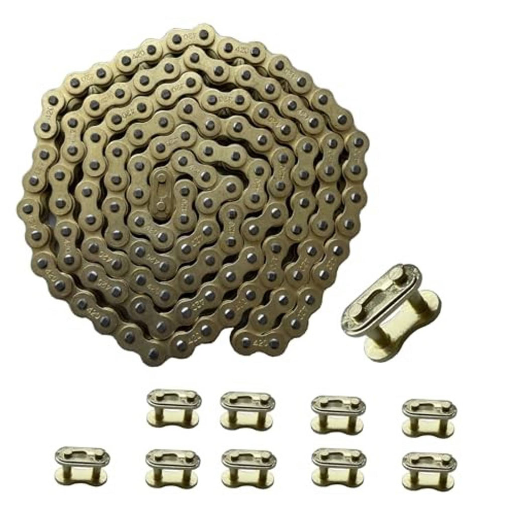 Gold roller chain loop with master link clip and small link pin pieces