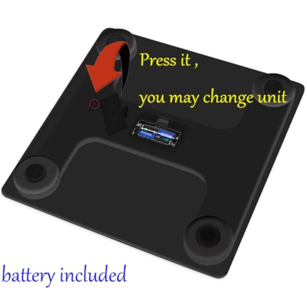 Black digital bathroom scale with battery compartment and unit-change button
