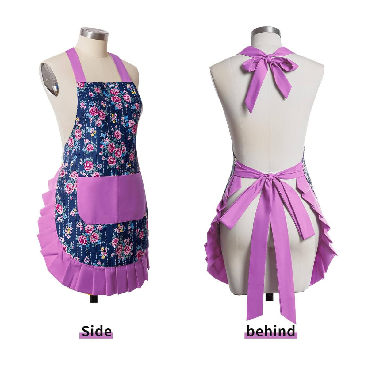 Apron on mannequins with purple neck tie, floral bodice, front pocket, and ruffled skirt.
