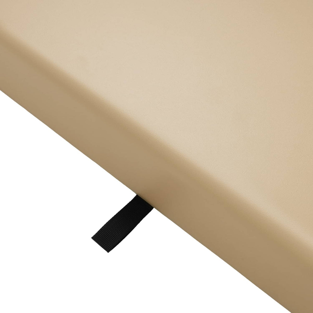 Tan seat cushion edge with small black bracket and fabric strap