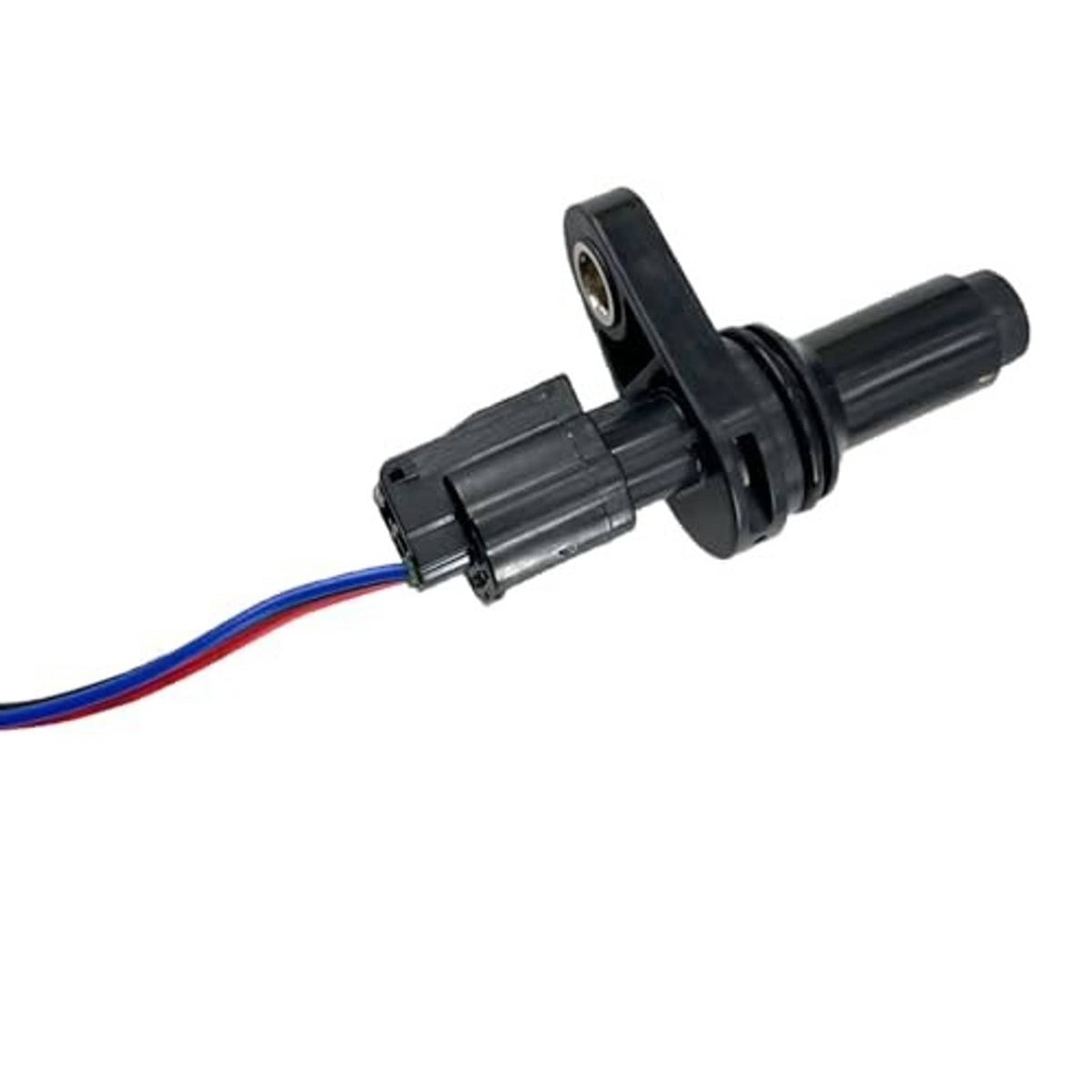 Black crankshaft position sensor with attached blue wire harness and mounting bracket