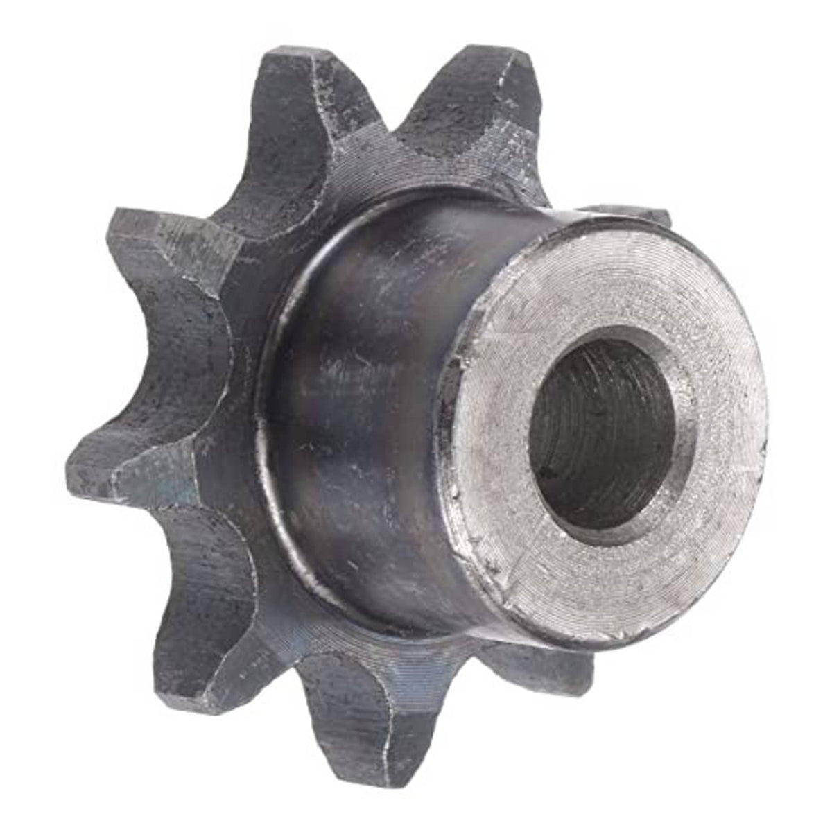 Steel chain sprocket with 9 teeth and round bore, side view