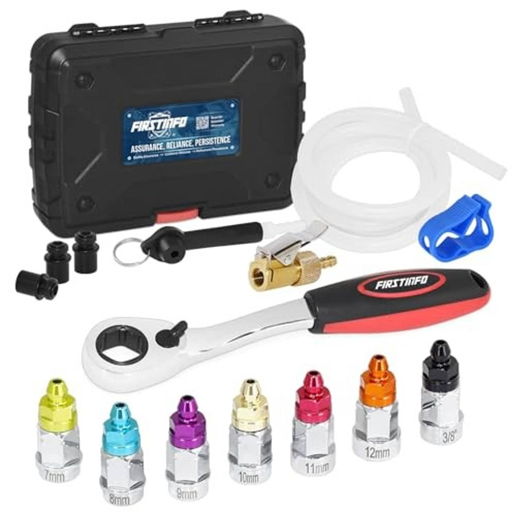 FIRSTINFO brake bleeder ratchet kit with case, 7 colored bleed sockets, hose, seals