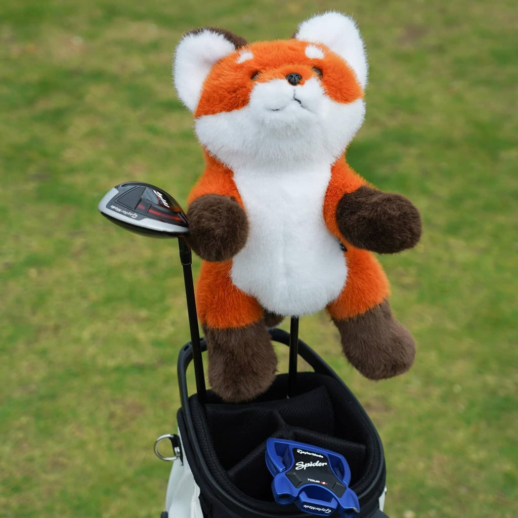 Fox driver headcover on a driver club head, orange plush with brown paws