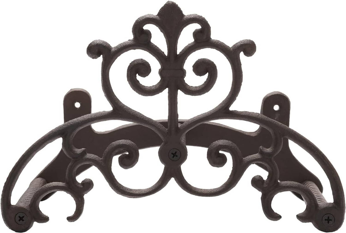 Dark decorative wall-mounted hose hanger with ornate scroll trim and twin side mounting posts.