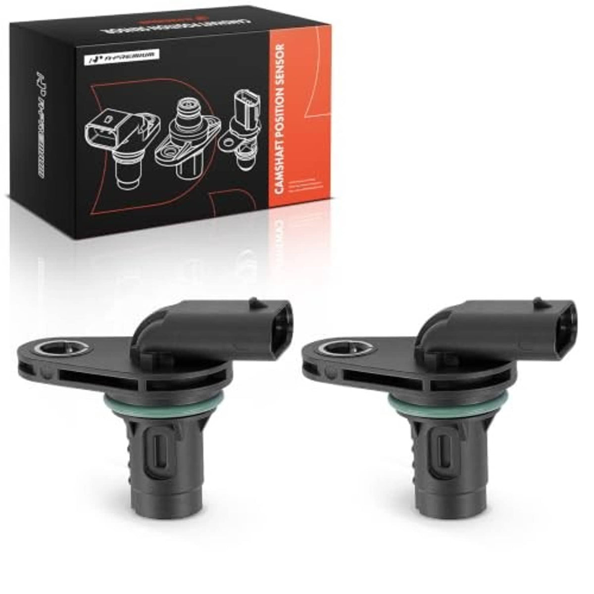 Pair of camshaft position sensors with black housings, green seals, and sensor ports