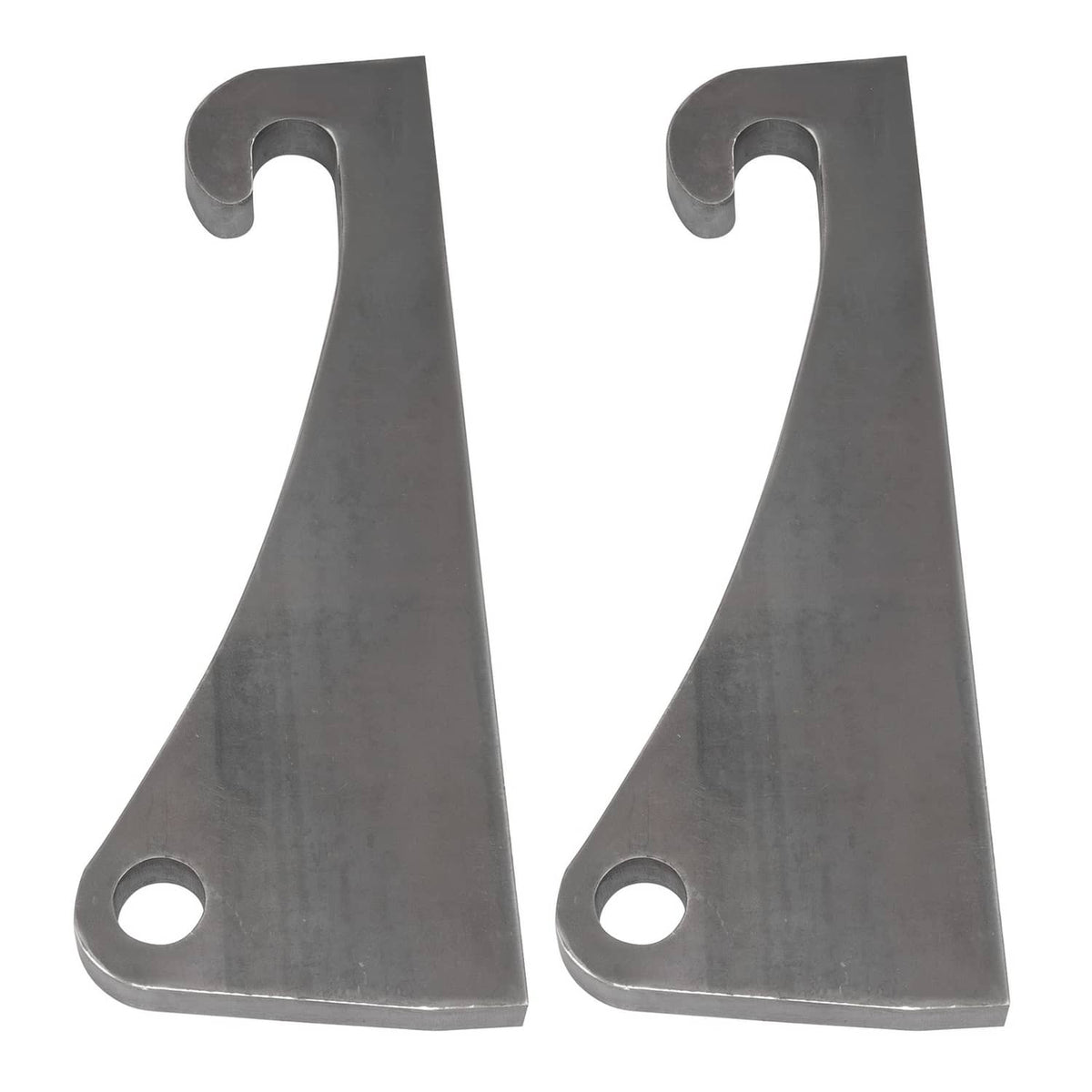 Steel loader brackets, tall curved plates with hook cutouts and mounting holes